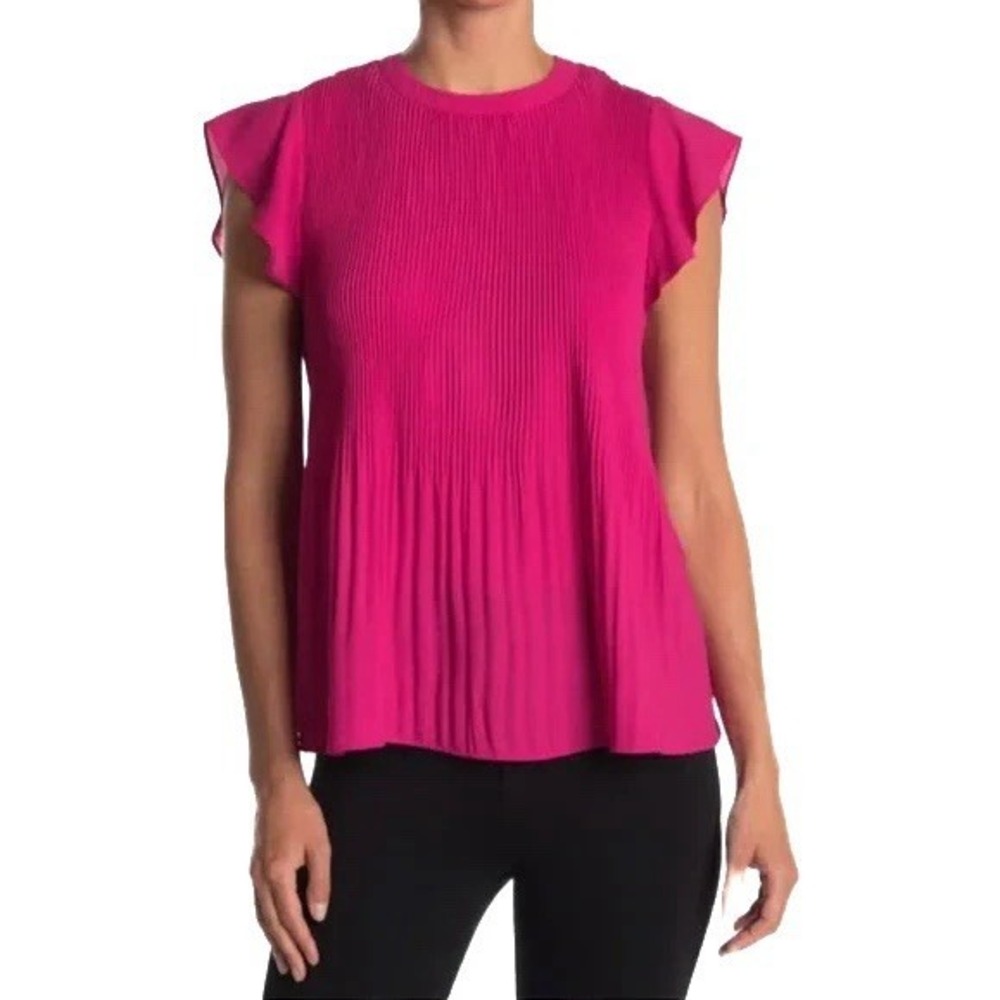 Adrianna Papell Pleated Ruffle Cap Sleeve Womens Size S Pink Mock Neck Top